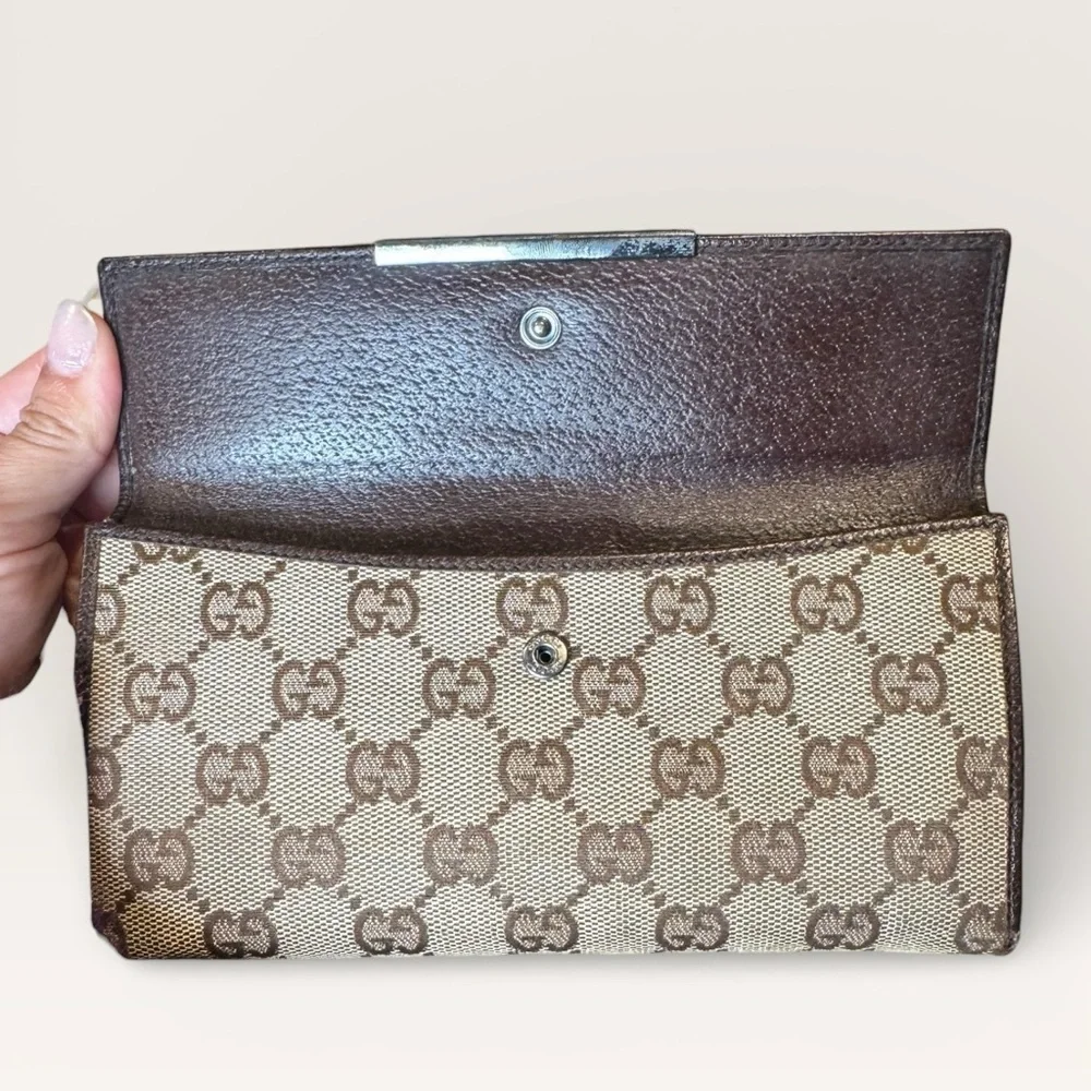 Gucci GG Canvas Continental Long Wallet Beige Brown Leather Trim Snap Closure - Picture 4 of 8